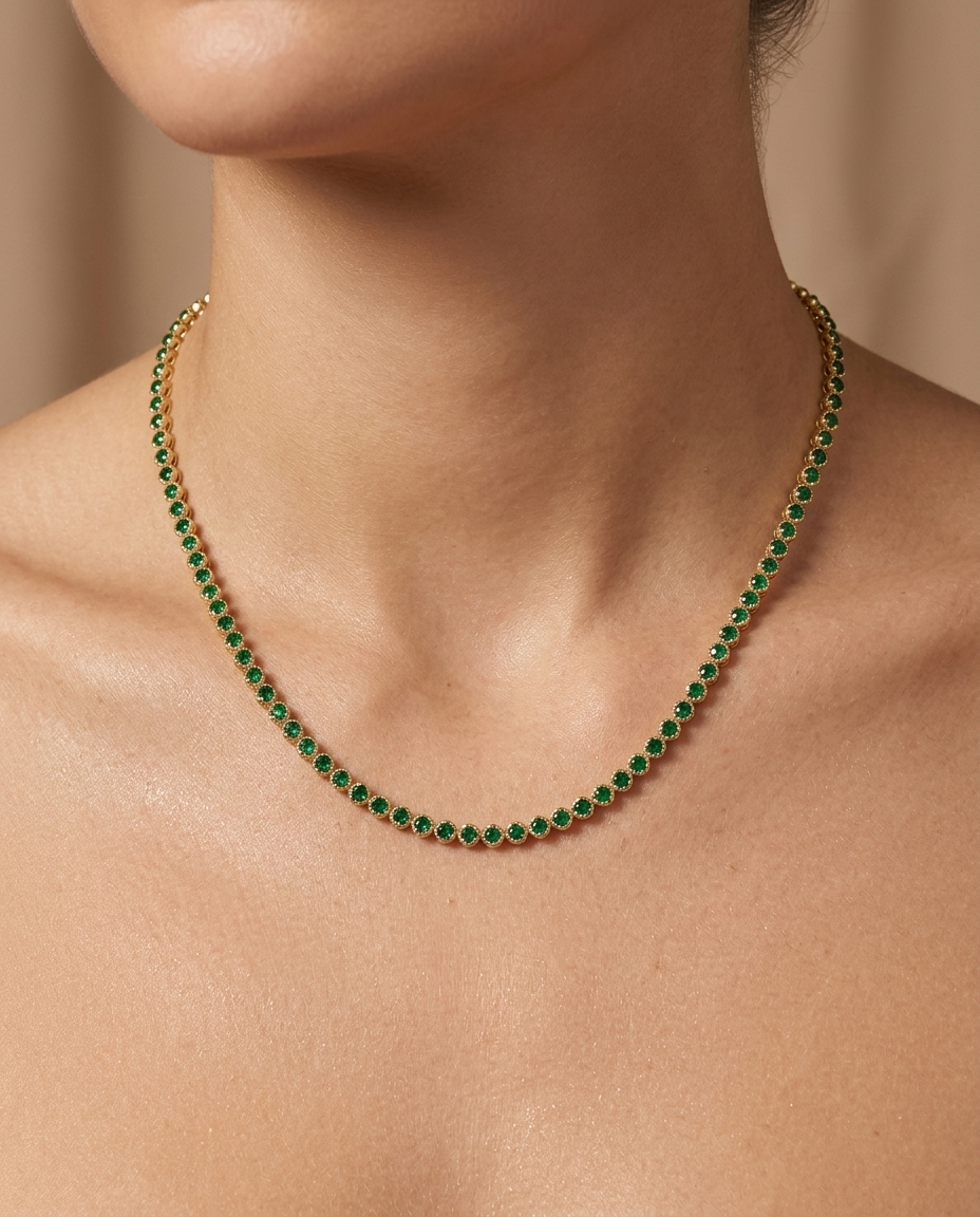 14KT Yellow Gold Emerald Tennis Necklace view 2