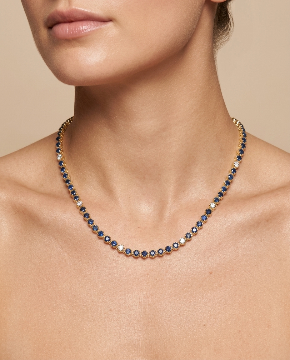 14KT Gold Blue Sapphire and Diamond Tennis Necklace on model