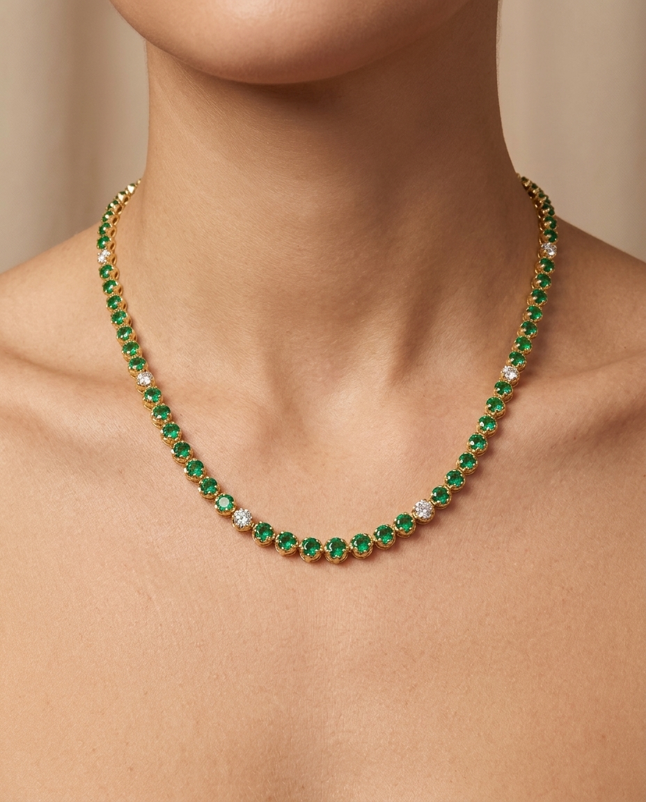 14KT Yellow Gold Emerald and Diamond Tennis Necklace view 2