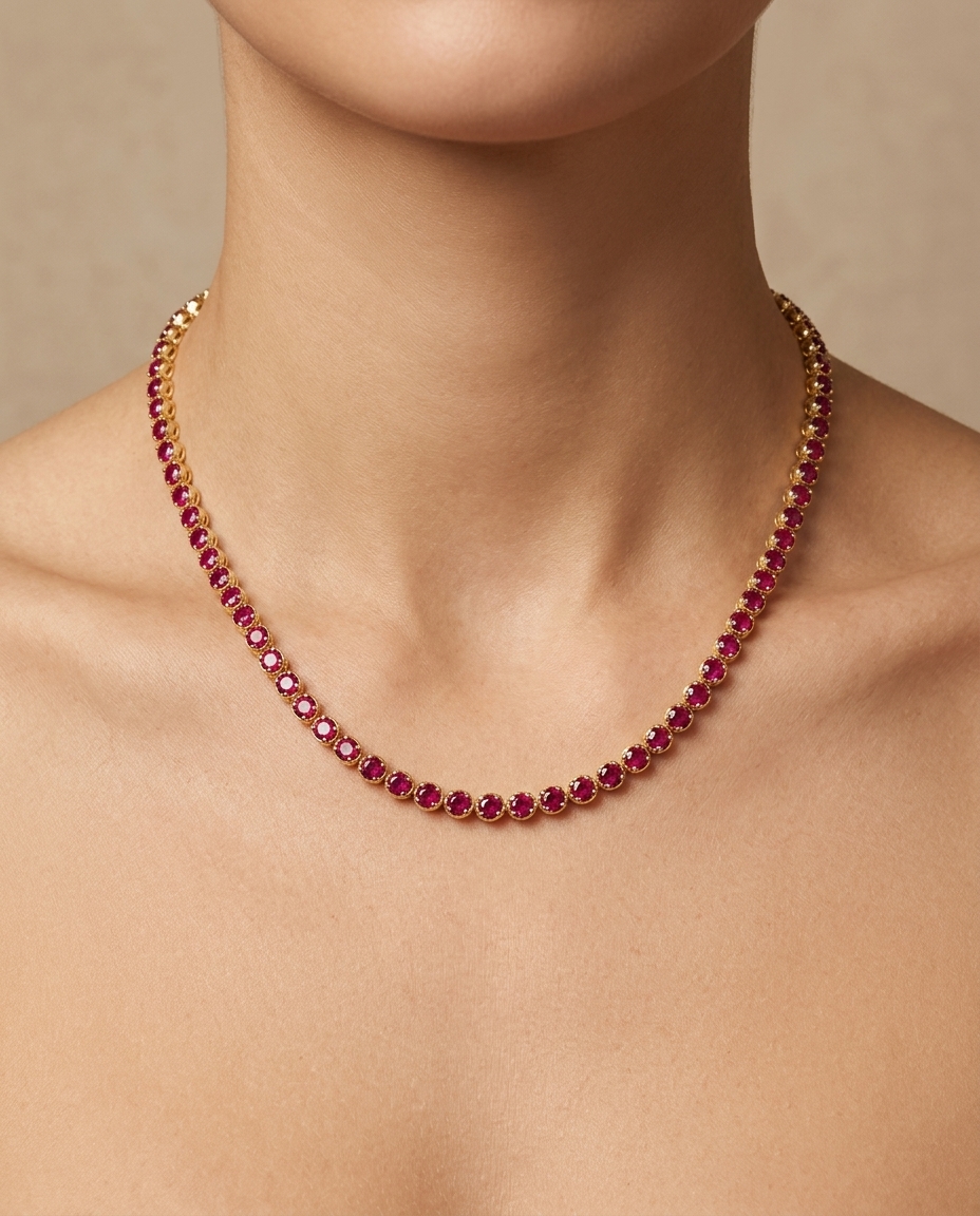 14KT Gold Ruby and Diamond Tennis Necklace (8.00 CTS) on model