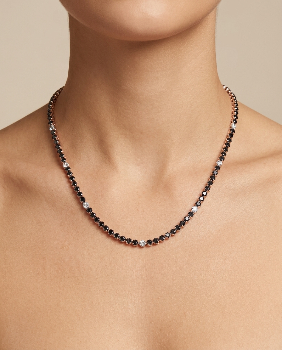14KT White Gold Black and White Diamond Tennis Necklace on model