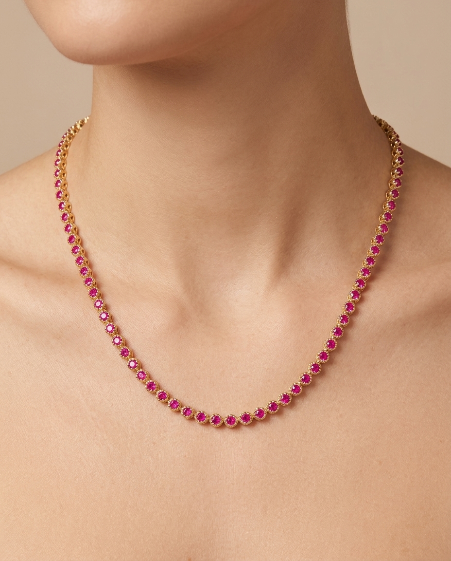 14KT Gold Ruby Buttercup Tennis Necklace (3 MM) on model
