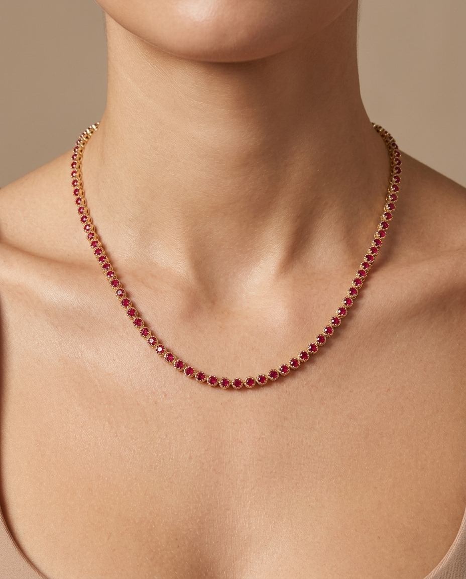 14KT Gold Ruby Buttercup Tennis Necklace (3 MM) on model