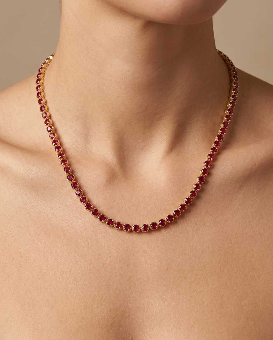 14KT Gold Ruby and Diamond Tennis Necklace (3.00 CTS) on model