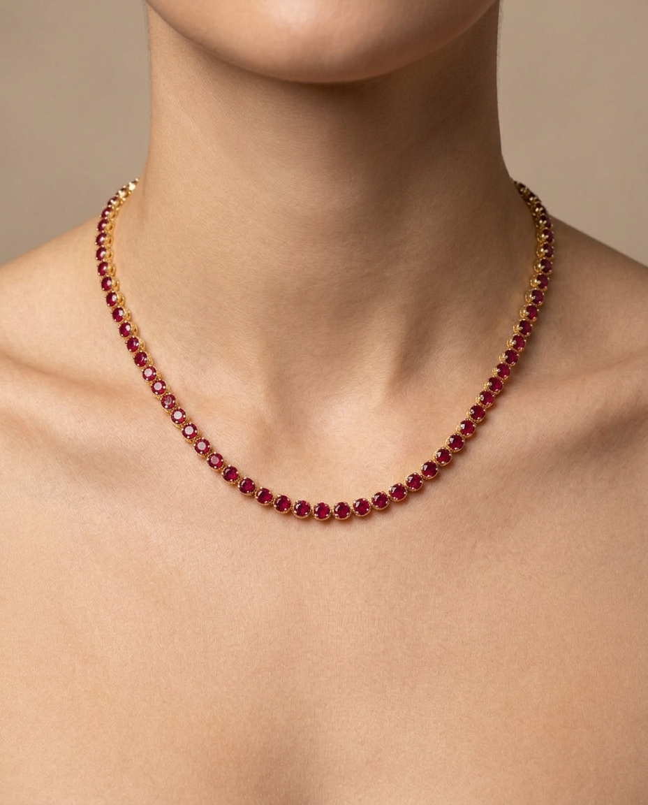 14KT Gold Ruby and Diamond Tennis Necklace (3.00 CTS) on model