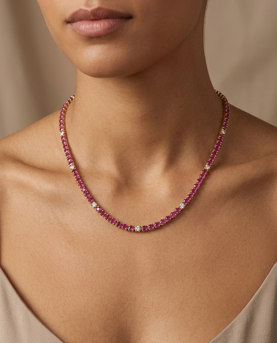 14KT Gold Ruby and Diamond Tennis Necklace (5.00 CTS) on model