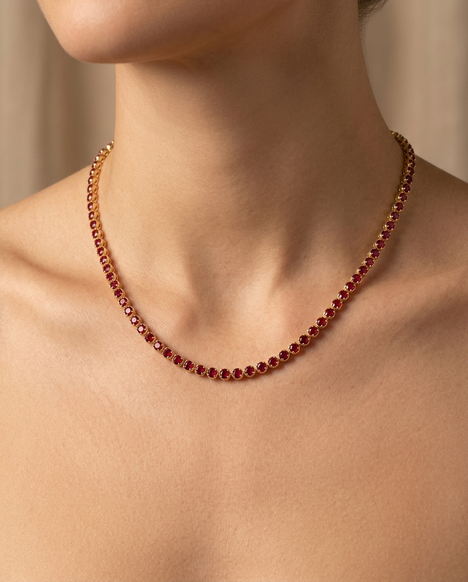 14KT Gold Ruby Tennis Necklace on model