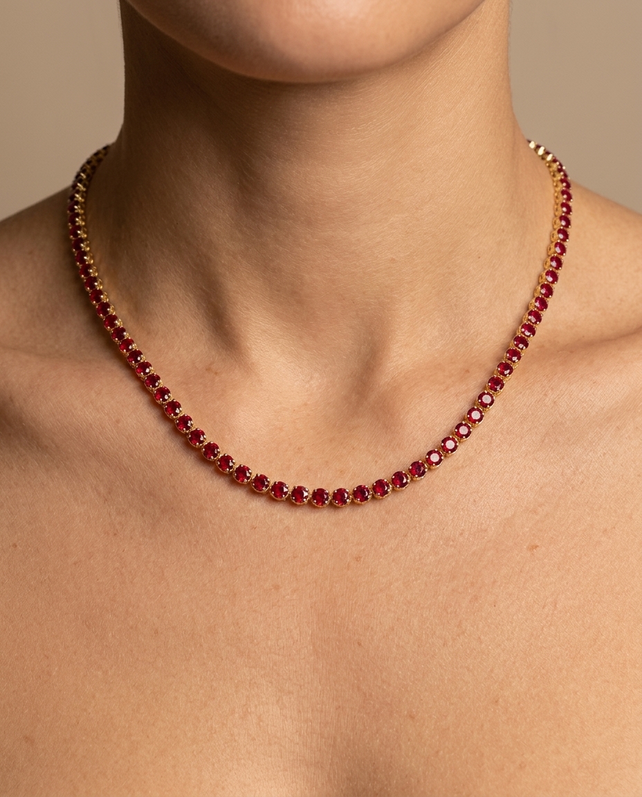 14KT Gold Ruby and Diamond Tennis Necklace (5.00 CTS) on model