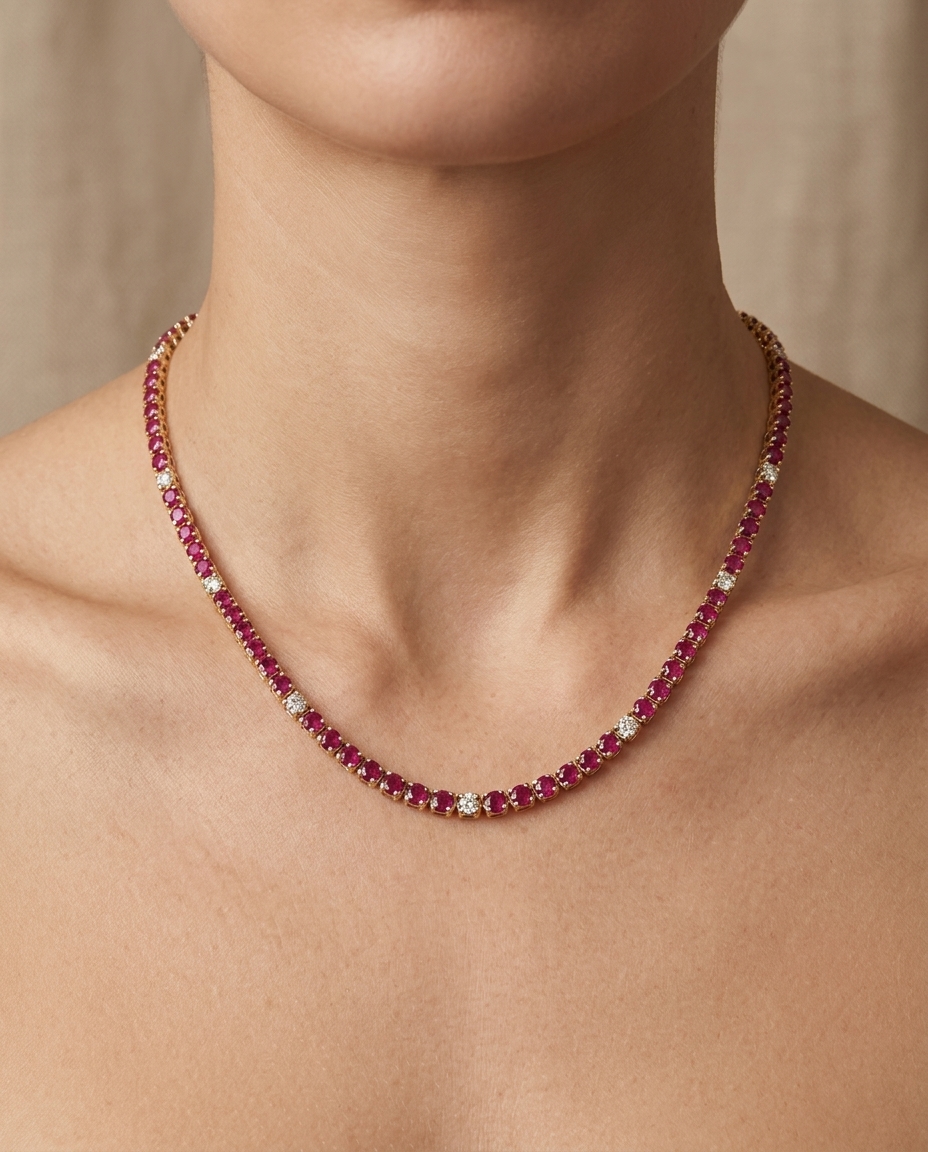 14KT Gold Ruby and Diamond Tennis Necklace (8.00 CTS) view 2
