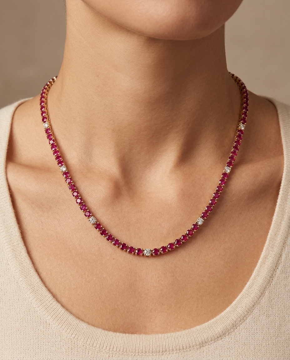 14KT Gold Ruby and Diamond Tennis Necklace (8.00 CTS) on model