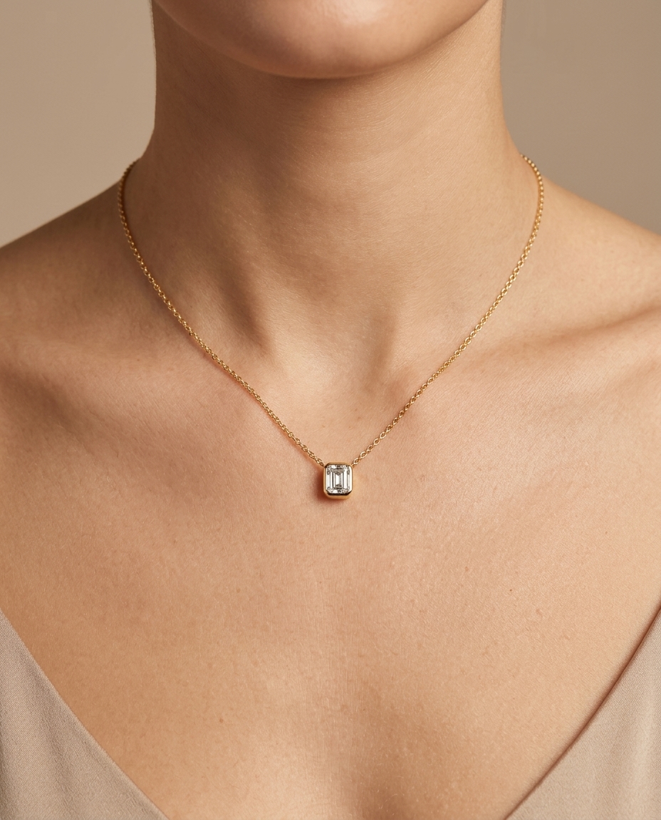 14KT Gold Baguette Bezeled Diamond Pendant Necklace view 2