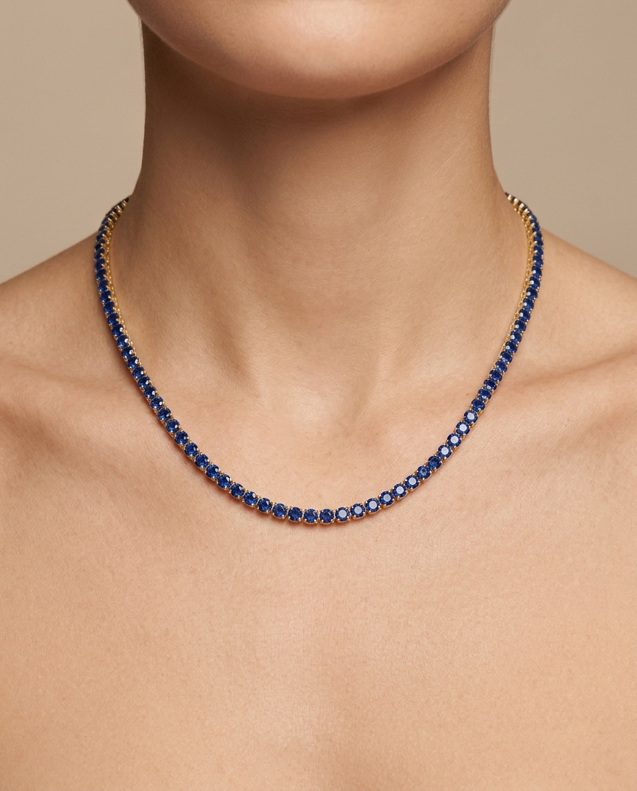 14KT Gold Blue Sapphire Tennis Necklace (3.0 MM) on model