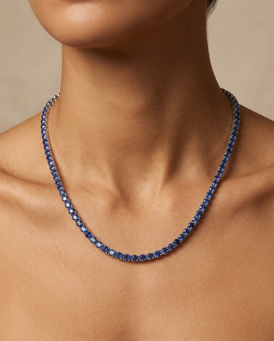 14KT Gold Blue Sapphire Tennis Necklace (2.5 MM) on model