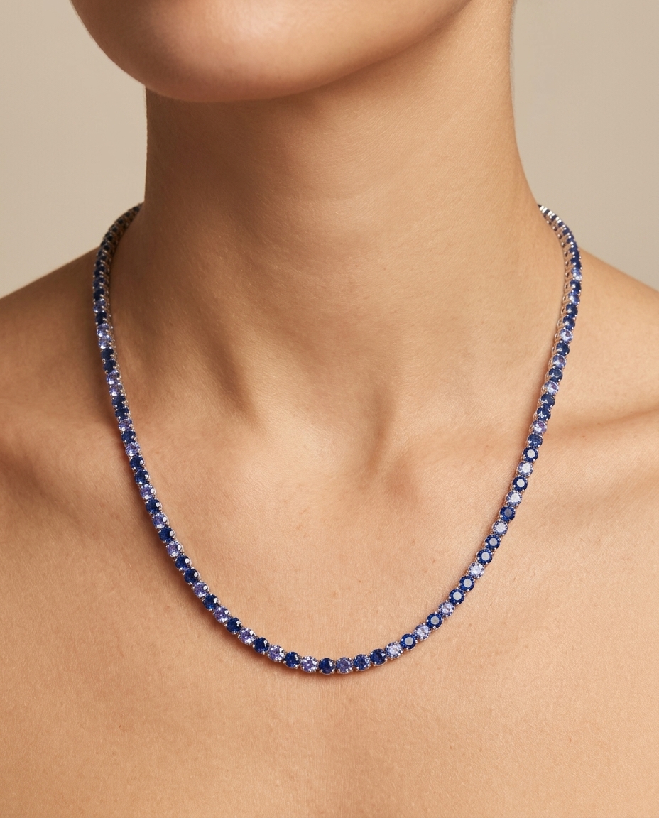 14KT Gold Blue Sapphire Tennis Necklace (2.5 MM) view 2