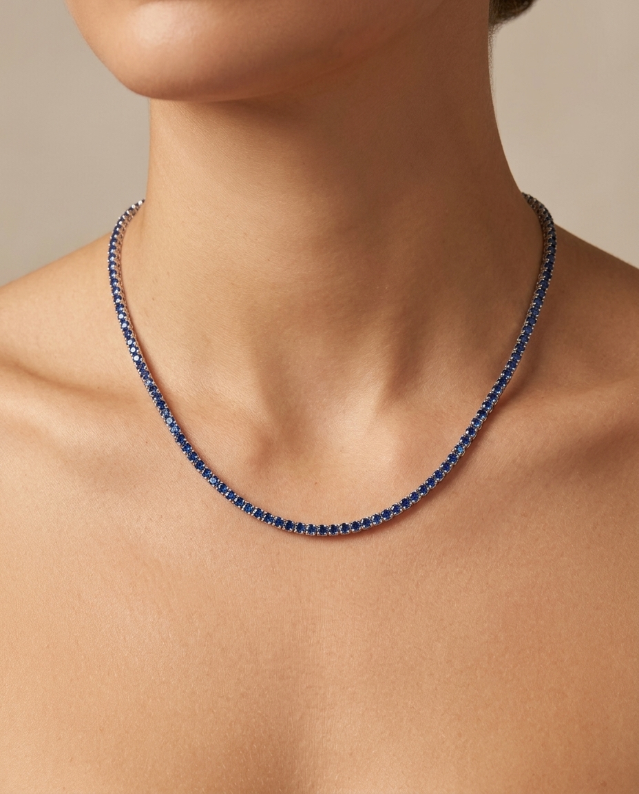 14KT Gold Blue Sapphire Tennis Necklace (2.0 MM) view 2