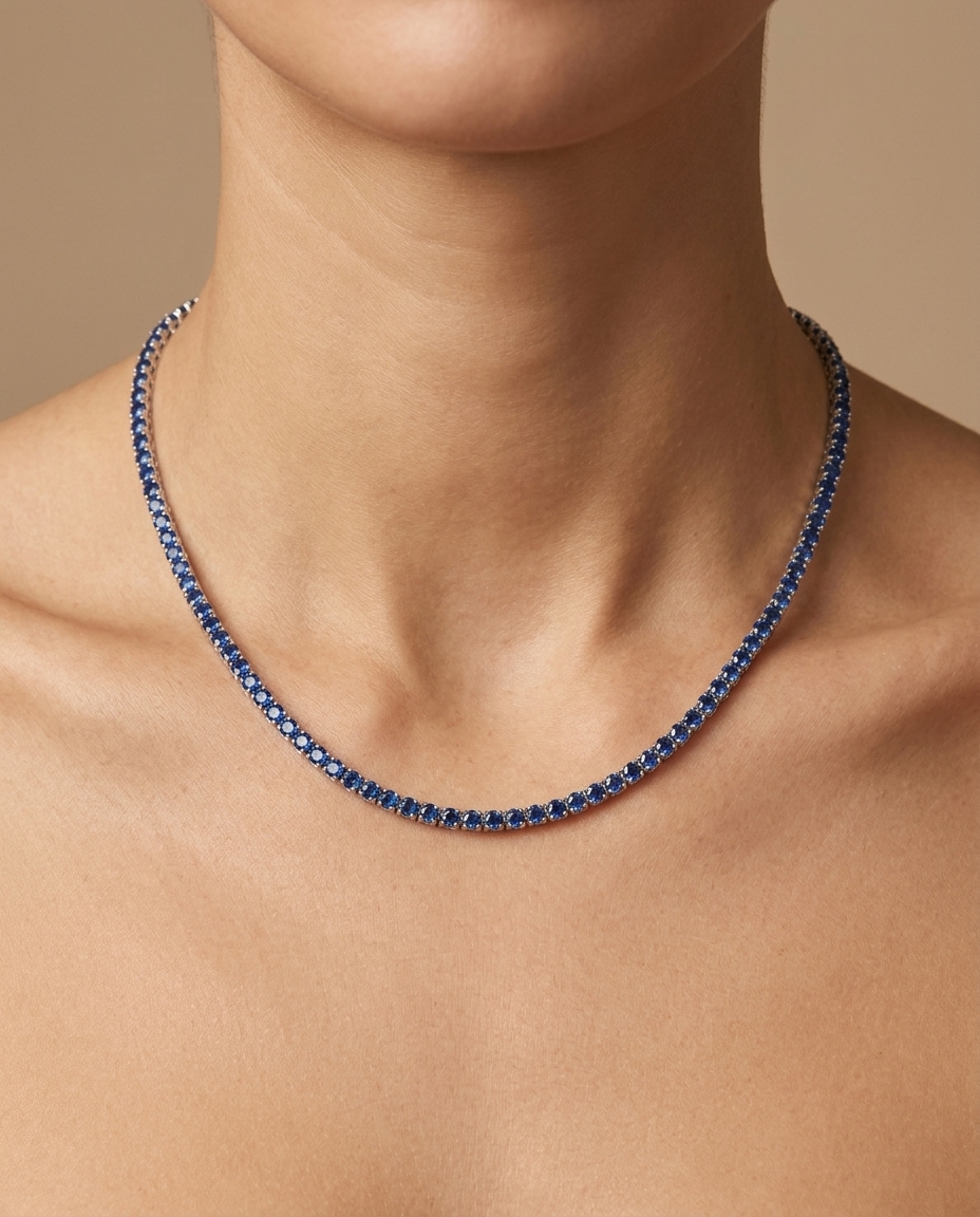 14KT Gold Blue Sapphire Tennis Necklace (2.0 MM) on model