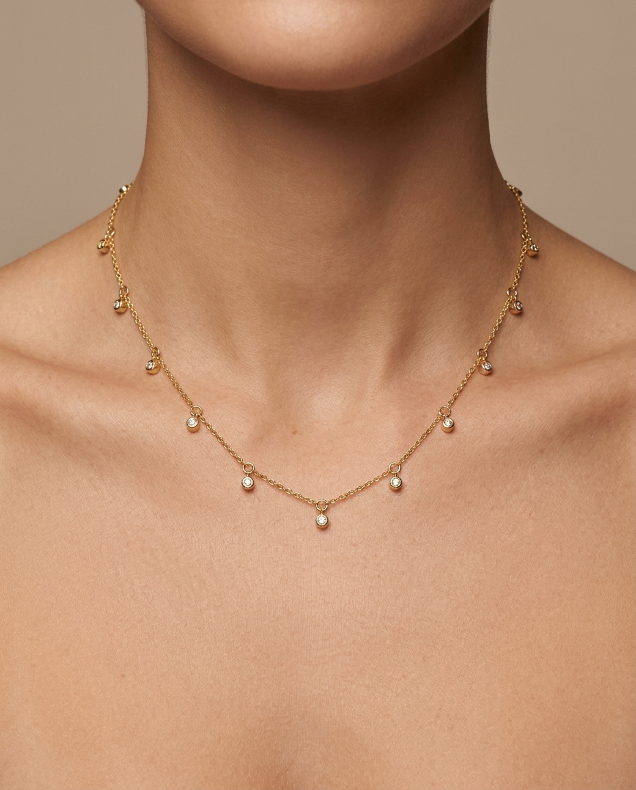14KT Yellow Gold Diamond Dangling Necklace on model