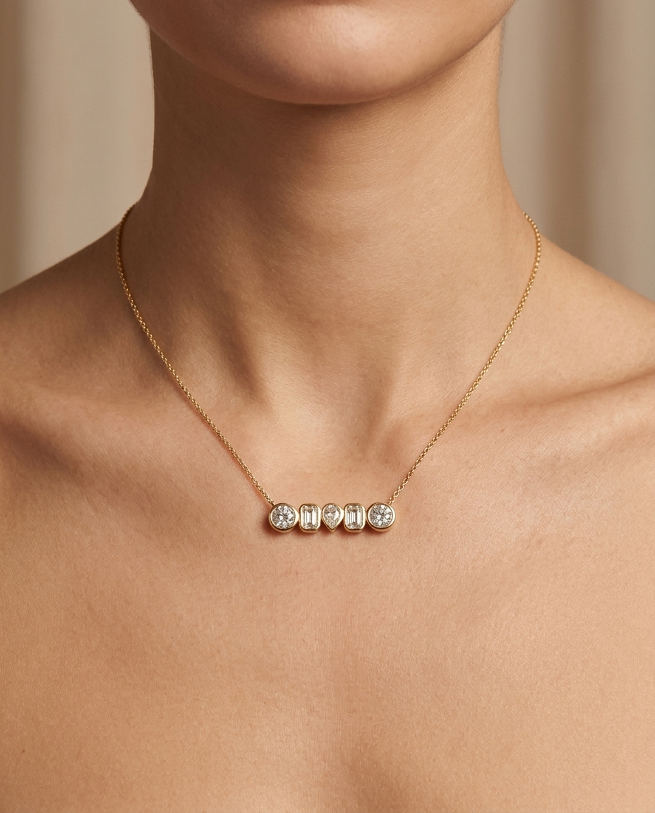 14KT Gold Diamond Pendant Necklace on model