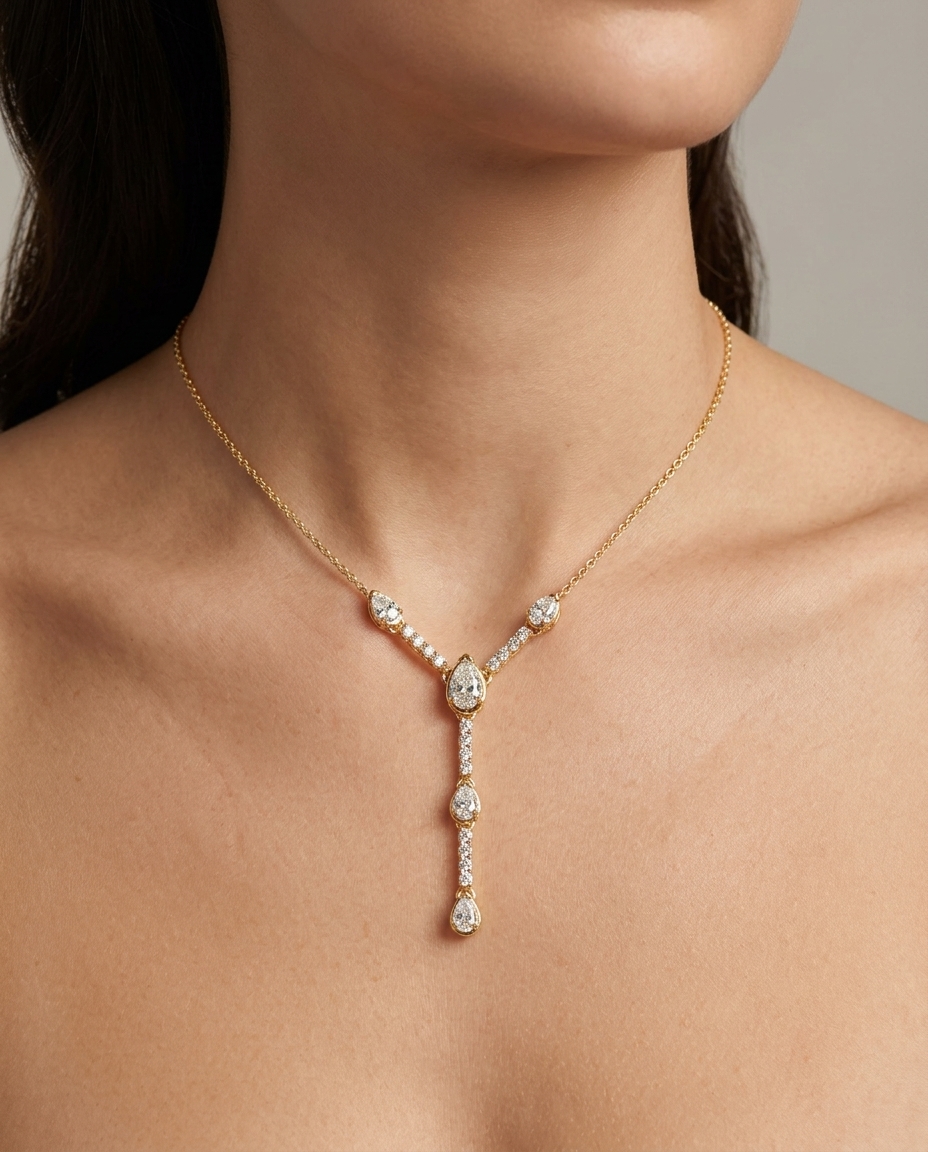 14KT Gold Diamond Drop Necklace on model