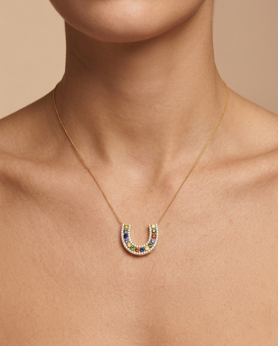 14KT Yellow Gold Multi Sapphire and Diamond Necklace on model