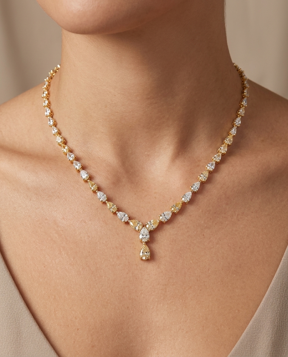 14KT Gold Pear Shape Diamonds Drop Necklace on model