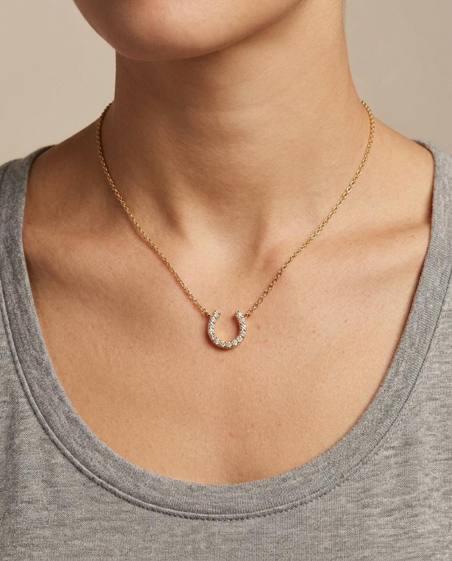 14KT Yellow Gold Diamond Horseshoe Necklace on model