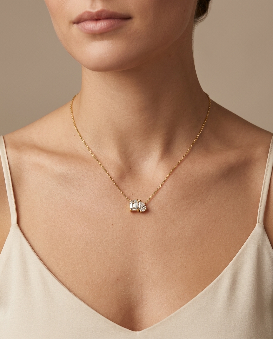 14KT Gold Diamond Necklace on model