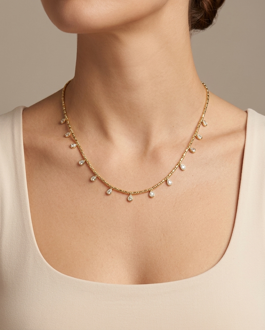 14KT Gold Pear Shape Bezeled Diamond Dangling Necklace view 2
