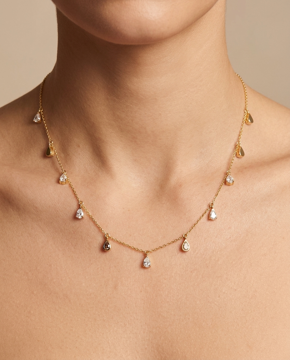 14KT Gold Diamond Dangling Necklace on model