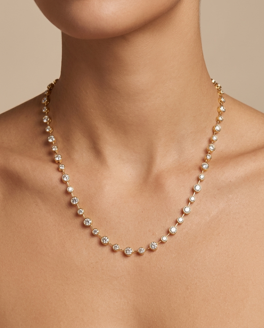 14KT Gold Station Diamond Bezel Tennis Necklace (4.50 CTS) view 2