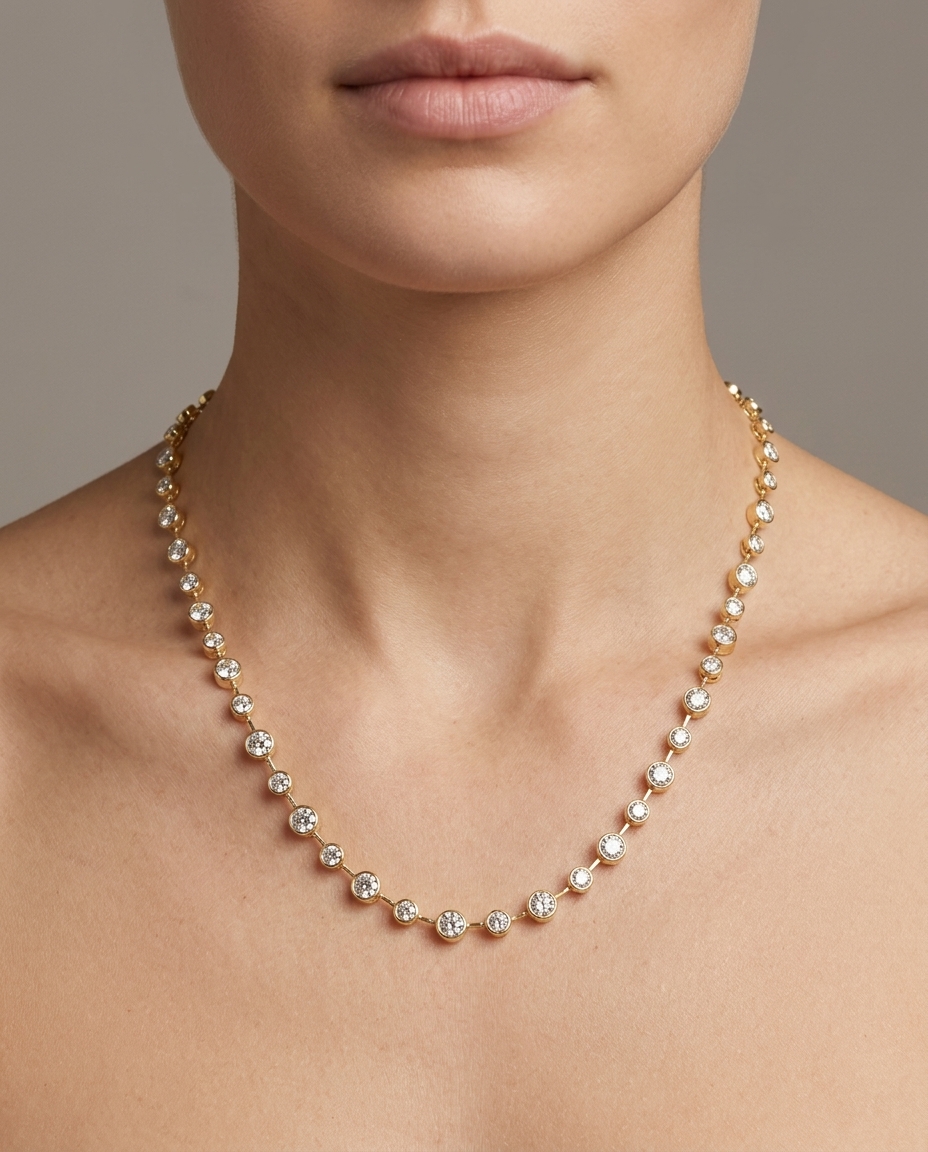 14KT Gold Station Diamond Bezel Tennis Necklace (5.50 CTS) on model