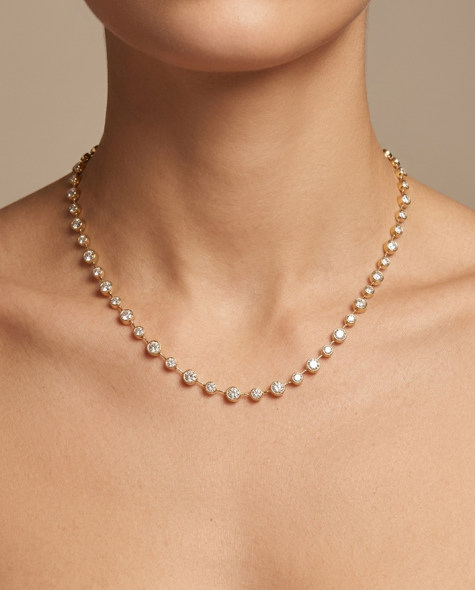 14KT Gold Station Diamond Bezel Tennis Necklace (3.50 CTS) on model