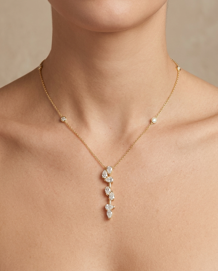 14KT Gold Diamond Linear Drop Necklace on model