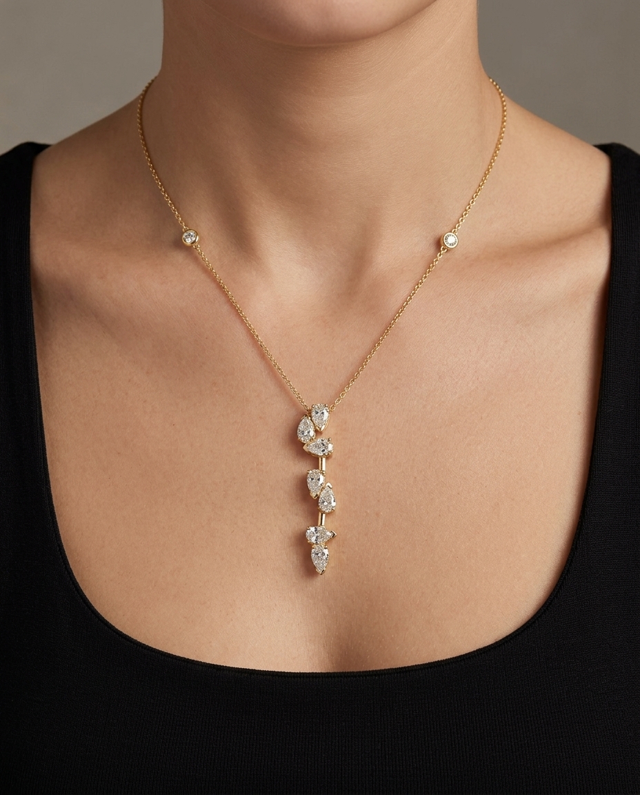 14KT Gold Diamond Linear Drop Necklace on model