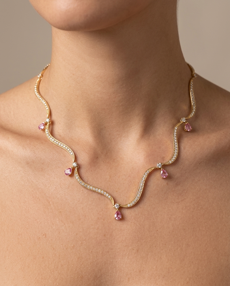 14KT Yellow Gold Wavy Chain Necklace with Pink Sapphire Drops on model