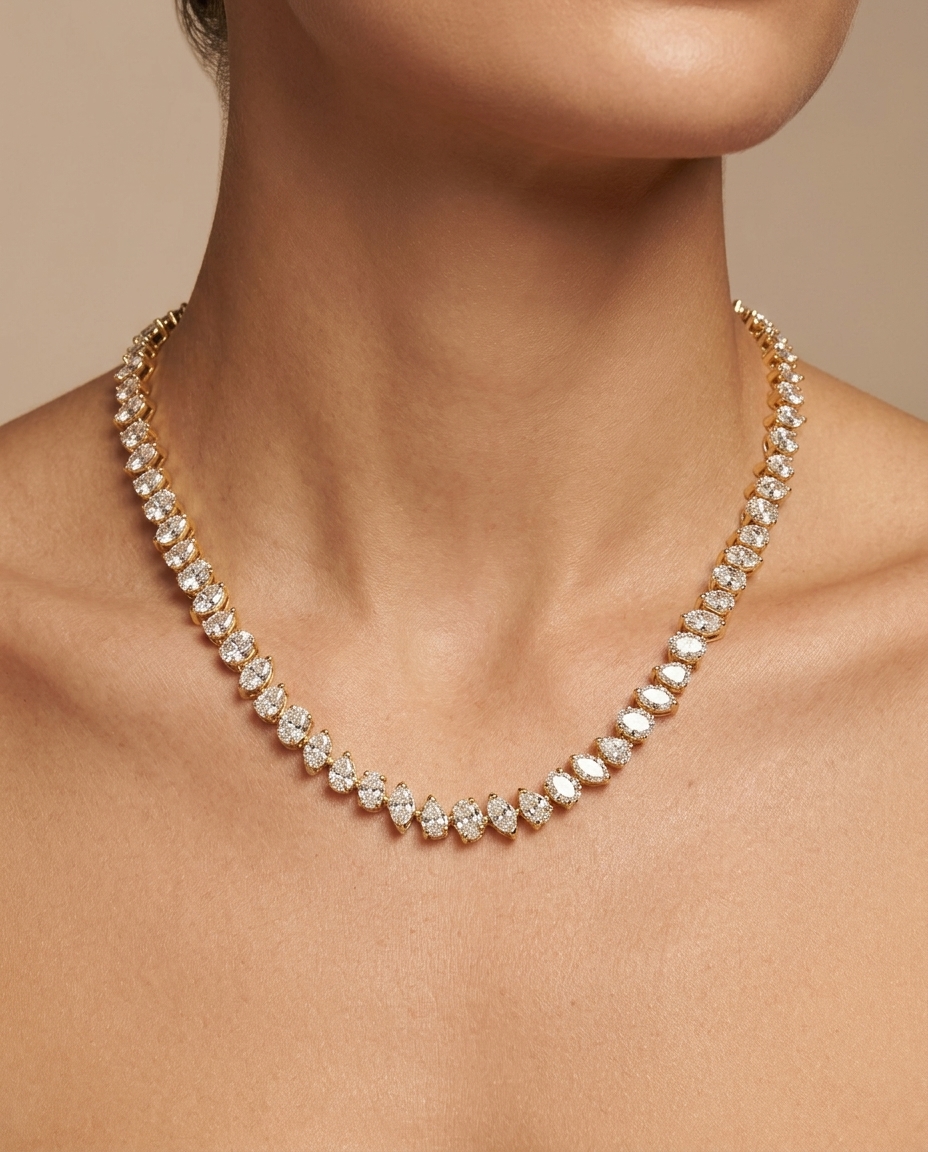 14KT Gold Diamond Tennis Necklace on model