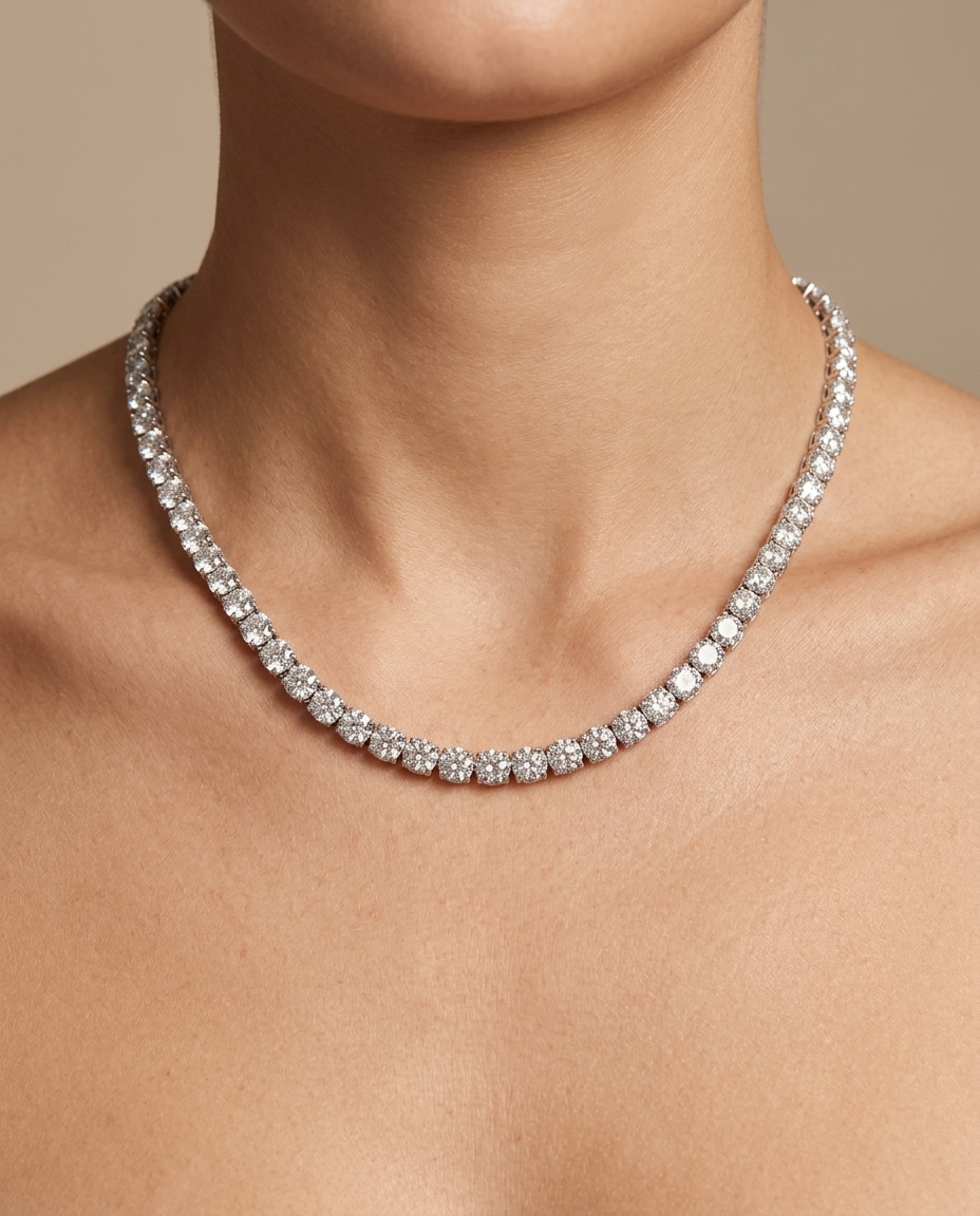 14KT Gold Champagne Diamond Tennis Necklace on model