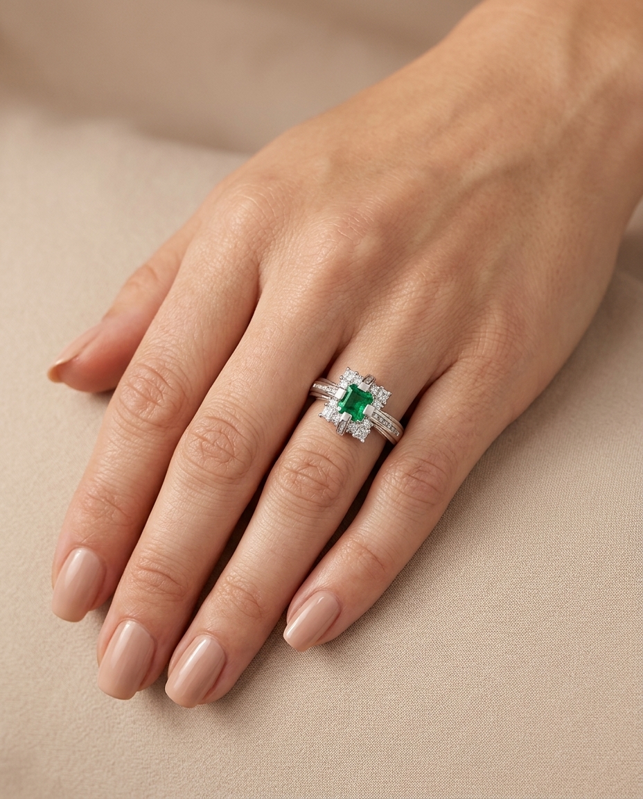 Platinum Emerald and Diamonds Ring view 2
