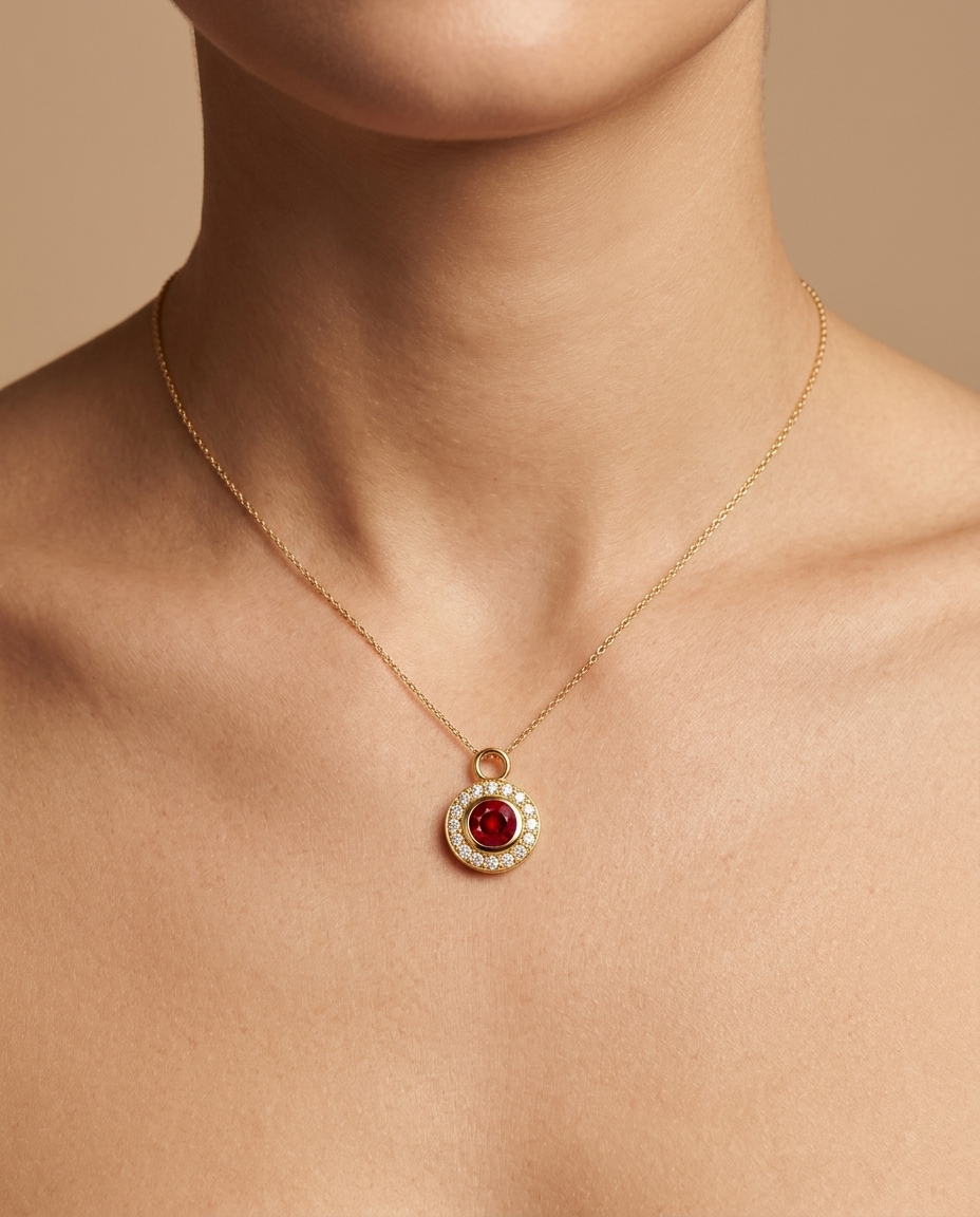 14KT Yellow Gold Garnet Circle Pendant on model