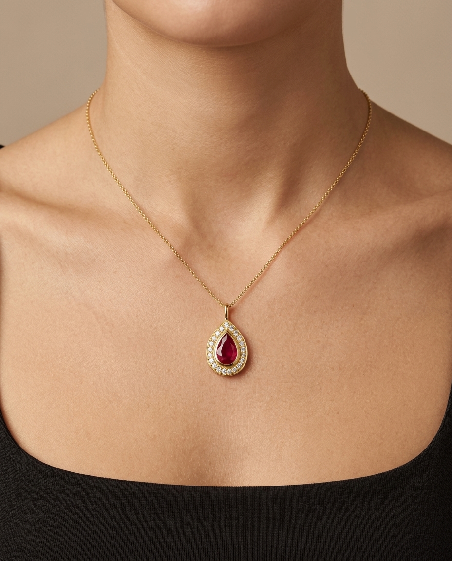 14KT Yellow Gold Ruby Pear Pendant on model