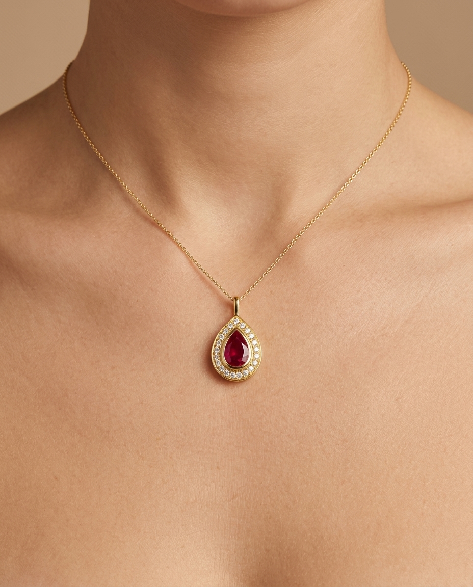 14KT Yellow Gold Ruby Pear Pendant view 2