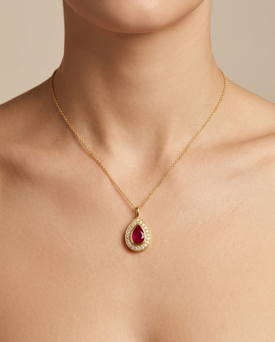 14KT Yellow Gold Ruby Pear Pendant on model