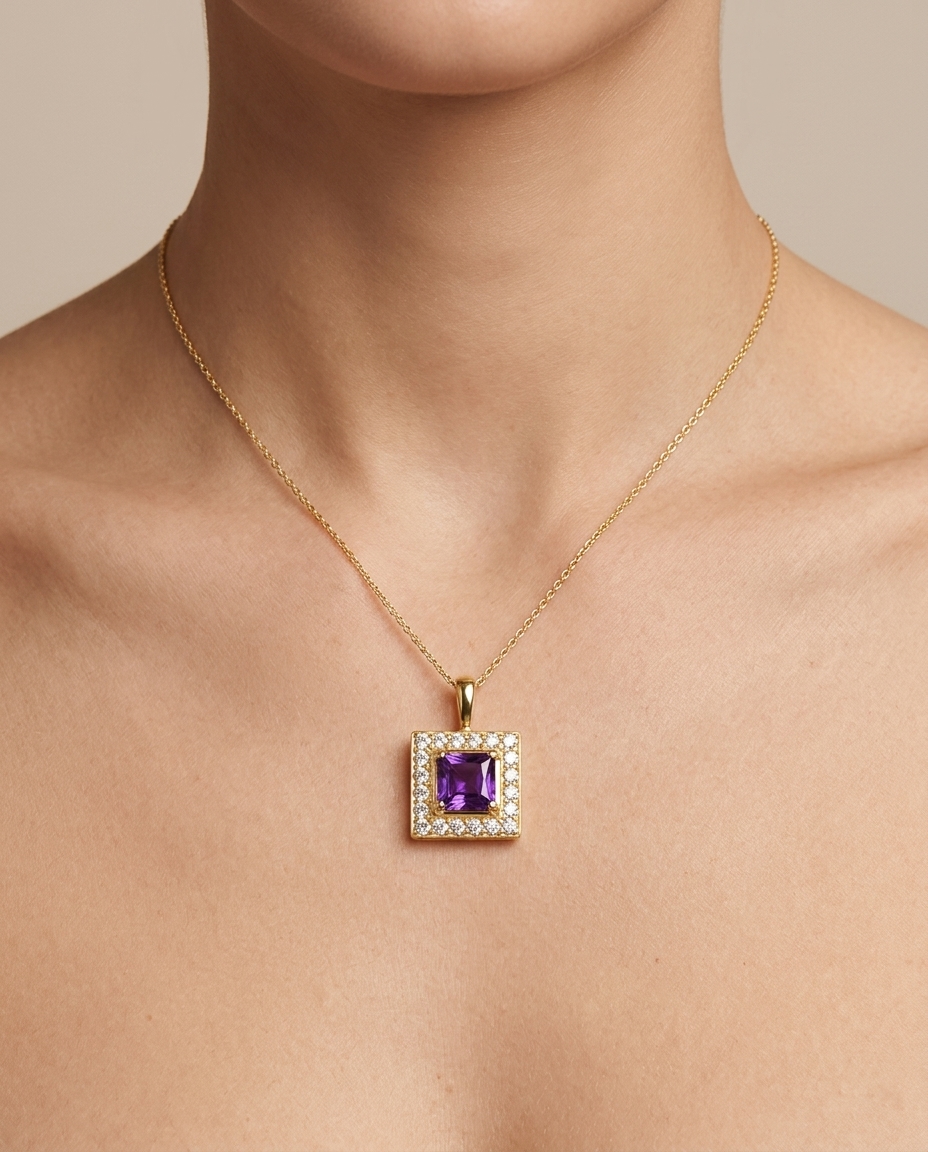 14KT Yellow Gold Amethyst Square Pendant view 2