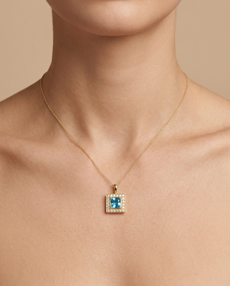 14KT Yellow Gold Blue Topaz Square Pendant on model