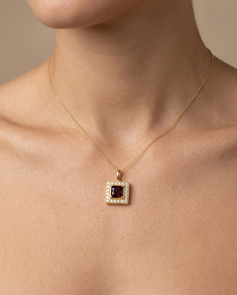 14KT Yellow Gold Garnet Square Pendant view 2