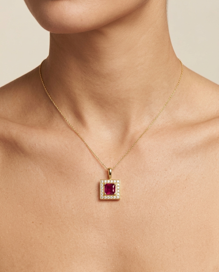 14KT Yellow Gold Ruby Square Pendant view 2