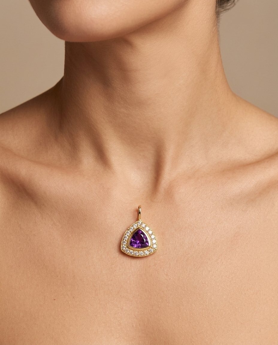 14KT Yellow Gold Amethyst Triangle Pendant on model