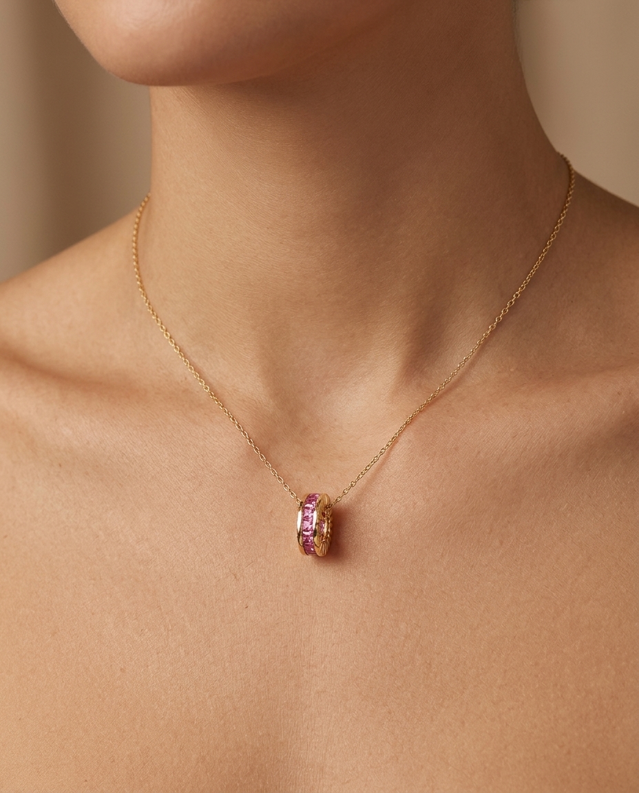 14KT Yellow Gold Pink Sapphire Oval Pendant view 2