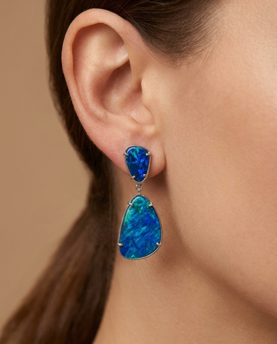 14KT White Gold Opal Earring view 2