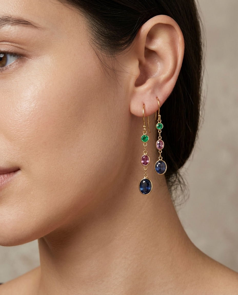 18KT Yellow Gold Emerald and Sapphire Earring view 2